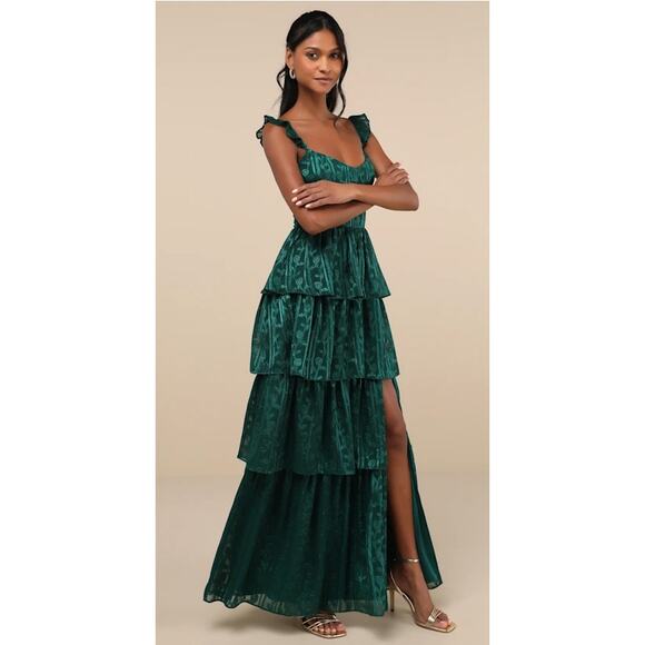 Lulus Hunter Green Floral Jacquard Tiered Stunning Glory Maxi Dress Size: XS - Picture 7 of 10